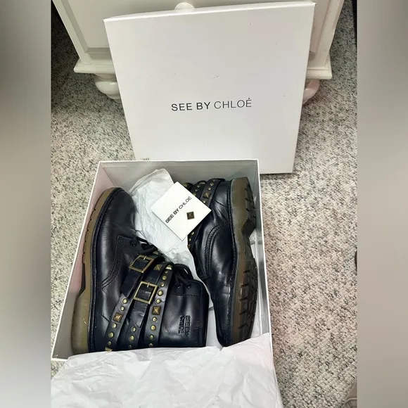 See by Chloe Leather Studded Chelsea Combat Ankle Boots