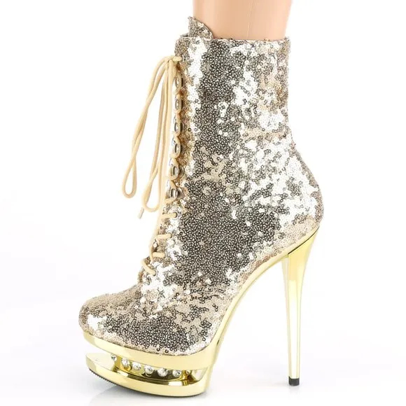 Sequin Rhinestone Platform Lace Up Ankle Boots