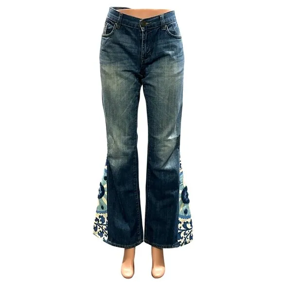 Seven7 Vintage Flared Jeans Floral Paisley Bell Bottom Design Leg Inserts Sz 32