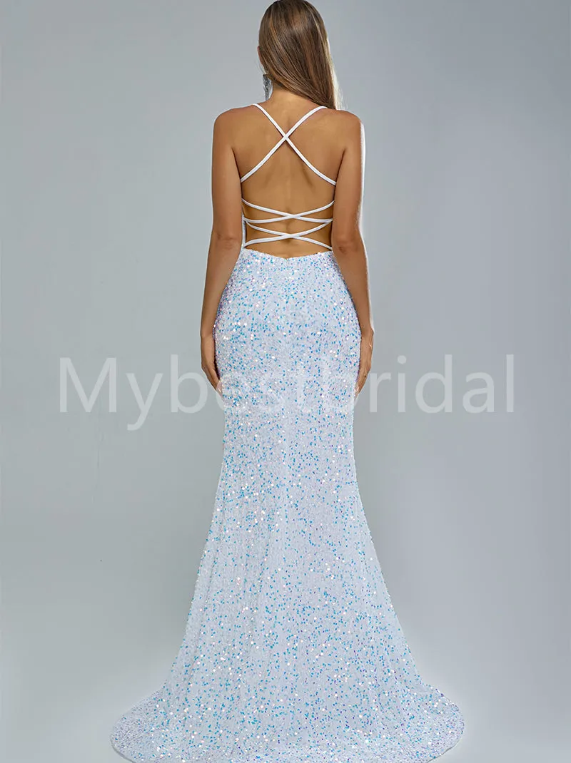 Sexy Square Spaghetti straps Side slit Mermaid Prom Dresses, PDS0507