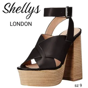 Shellys London Black Leather Ankle Strappy Bold Chunky Platform High Heels Shoes