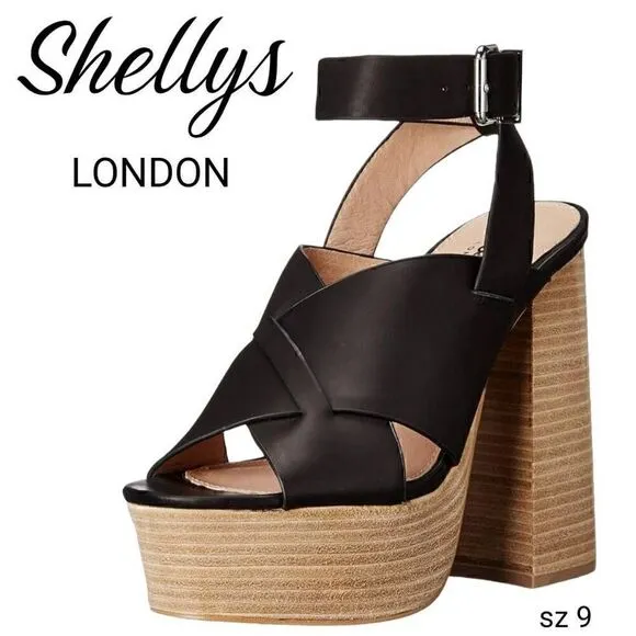 Shellys London Black Leather Ankle Strappy Bold Chunky Platform High Heels Shoes