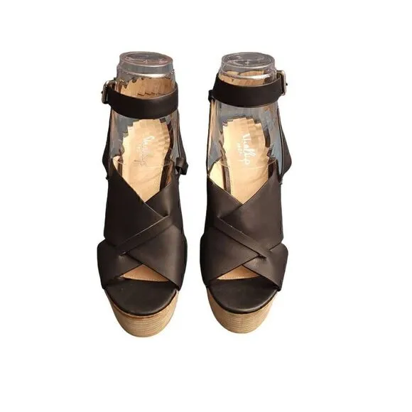 Shellys London Black Leather Ankle Strappy Bold Chunky Platform High Heels Shoes