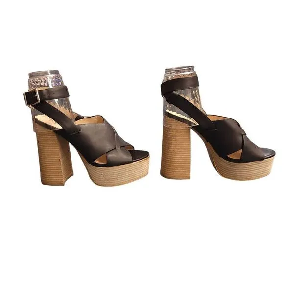 Shellys London Black Leather Ankle Strappy Bold Chunky Platform High Heels Shoes