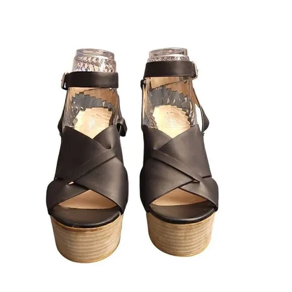Shellys London Black Leather Ankle Strappy Bold Chunky Platform High Heels Shoes