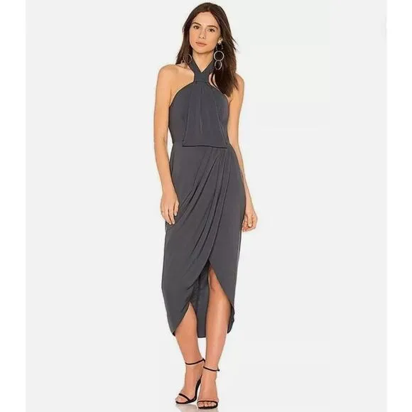 Shona Joy Gray Halter Dress 8 Knot Draped Halter Midi Dress Charcoal Gray Luxury