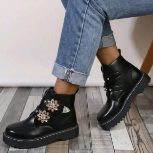 Short Boots, Round Toe, Slip-On, Outdoor Casual,Side Zipper Decoration
