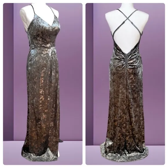 Silver Crushed Velvet Formal Sleeveless Long Dress Open Back Size 7