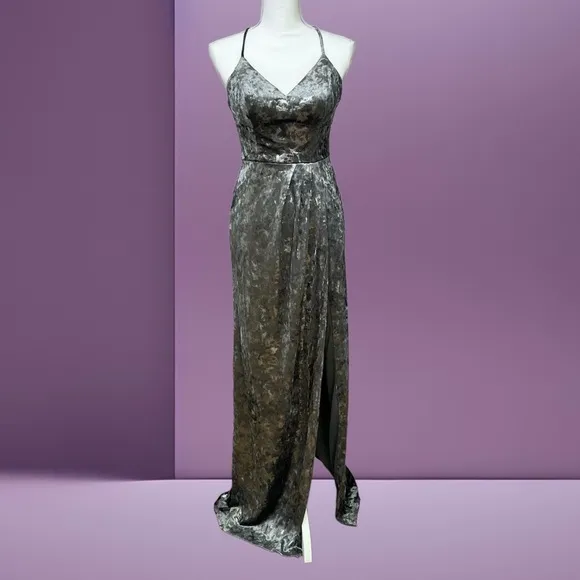 Silver Crushed Velvet Formal Sleeveless Long Dress Open Back Size 7