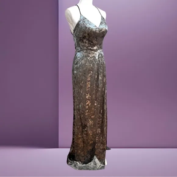 Silver Crushed Velvet Formal Sleeveless Long Dress Open Back Size 7