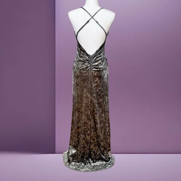 Silver Crushed Velvet Formal Sleeveless Long Dress Open Back Size 7