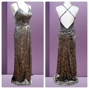 Silver Crushed Velvet Formal Sleeveless Long Dress Open Back Size 7