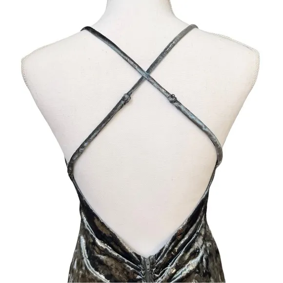 Silver Crushed Velvet Formal Sleeveless Long Dress Open Back Size 7