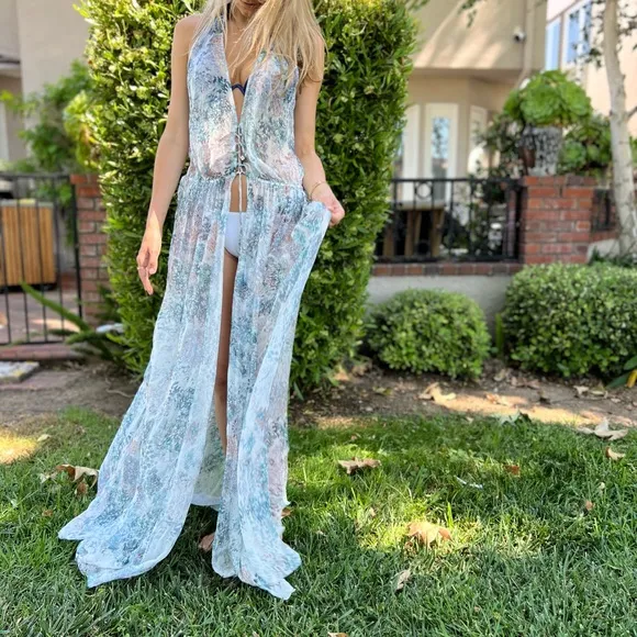 Sinesia Karol Luxury Floral V-neck Sleeveless Maxi Dress/Coverup Blue Sz M