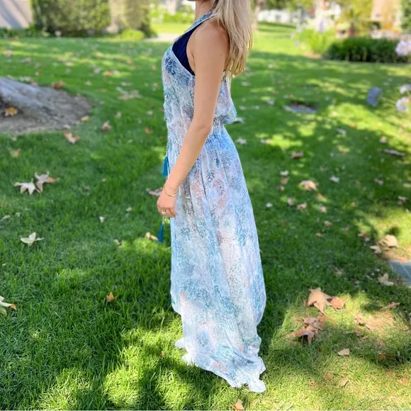 Sinesia Karol Luxury Floral V-neck Sleeveless Maxi Dress/Coverup Blue Sz M