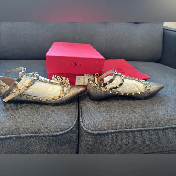 Size 36.5 Valentino Rockstud Caged ballet flats in metallic