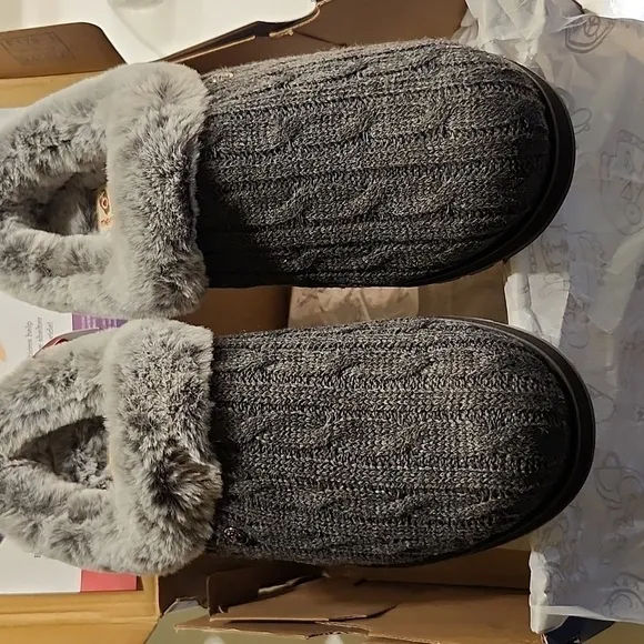 Skechers BOBS Keepsakes Ice Angel Charcoal Slippers Cable Knit Faux Fur 8.5 Wide