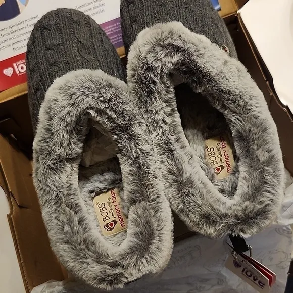 Skechers BOBS Keepsakes Ice Angel Charcoal Slippers Cable Knit Faux Fur 8.5 Wide