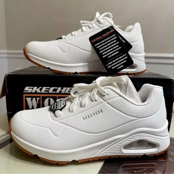 Skechers White Sneakers with Cushioned Sole and Leather-like Material