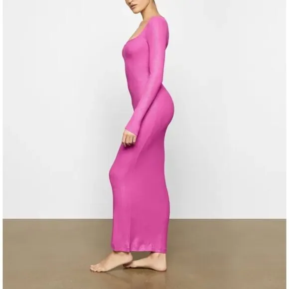 SKIMS Soft Lounge Long Sleeve Ribbed Bodycon Metallic Fuchsia Party Dress L