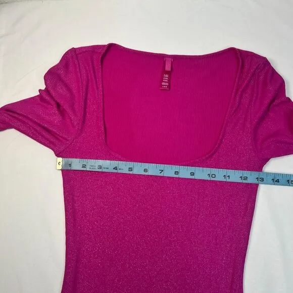 SKIMS Soft Lounge Long Sleeve Ribbed Bodycon Metallic Fuchsia Party Dress L