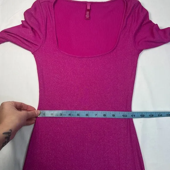SKIMS Soft Lounge Long Sleeve Ribbed Bodycon Metallic Fuchsia Party Dress L