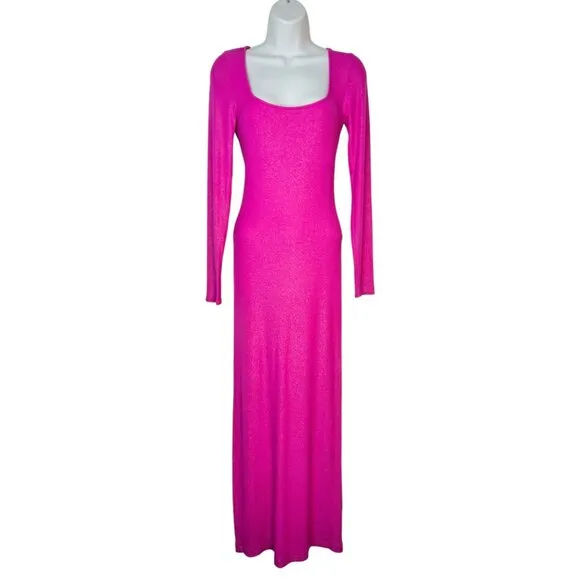 SKIMS Soft Lounge Long Sleeve Ribbed Bodycon Metallic Fuchsia Party Dress L