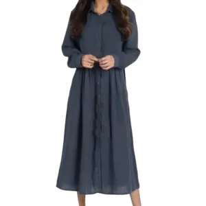 Skylah 100% Linen Luxury Maxi Dress Stormy Dark Blue L