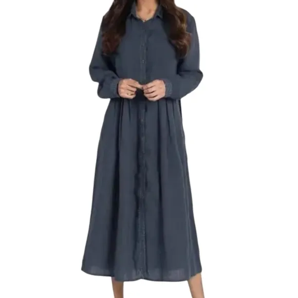 Skylah 100% Linen Luxury Maxi Dress Stormy Dark Blue L