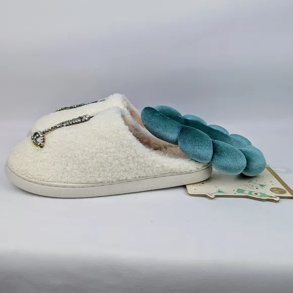 Slippers &amp; Headband Martini Bottle Sherpa Embroidery Sequins Ivory L (9/10) NWT