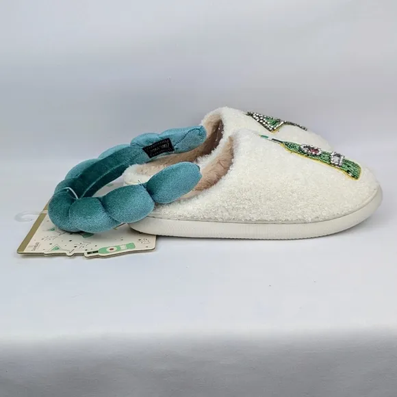 Slippers &amp; Headband Martini Bottle Sherpa Embroidery Sequins Ivory L (9/10) NWT