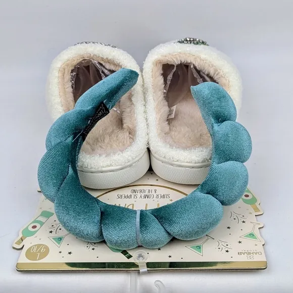 Slippers &amp; Headband Martini Bottle Sherpa Embroidery Sequins Ivory L (9/10) NWT