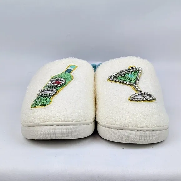Slippers &amp; Headband Martini Bottle Sherpa Embroidery Sequins Ivory L (9/10) NWT