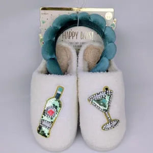 Slippers &amp; Headband Martini Bottle Sherpa Embroidery Sequins Ivory L (9/10) NWT