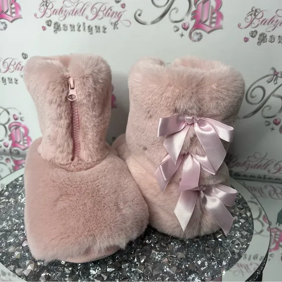 Slippers bows 🎀 coquette furry fuzzy soft fur booties 🌙 soft plush lounge pink