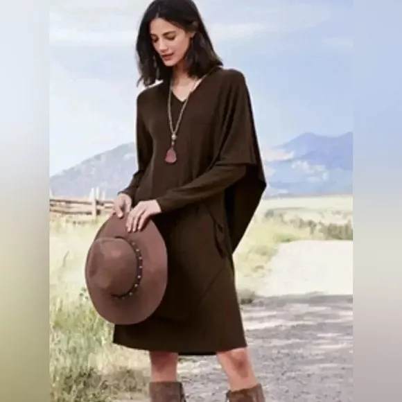 Soft Surroundings Marla Lagenlook Minimalist Midi Dark Brown Dress L NWT