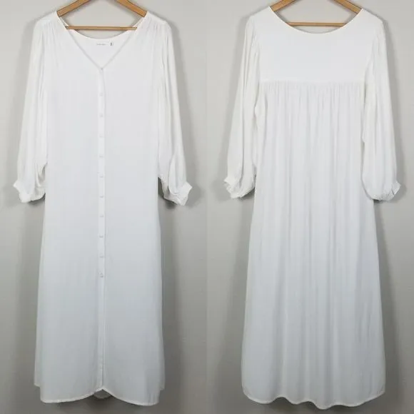 Solange Seguin White Viscose Luxury Baloon Sleeve Buttoned Maxi Dress Size S/M