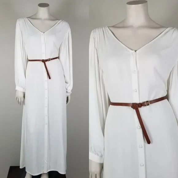 Solange Seguin White Viscose Luxury Baloon Sleeve Buttoned Maxi Dress Size S/M