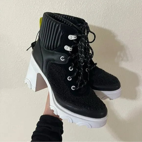 SOREL Brex Leather &amp; Faux Shearling Block Heel Lace-Up Bootie in black NEW 8