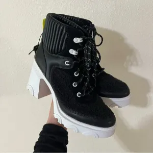 SOREL Brex Leather &amp; Faux Shearling Block Heel Lace-Up Bootie in black NEW 8
