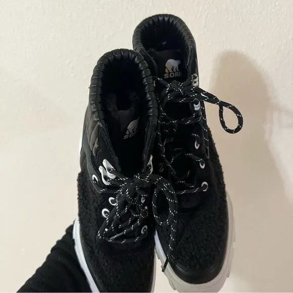SOREL Brex Leather &amp; Faux Shearling Block Heel Lace-Up Bootie in black NEW 8