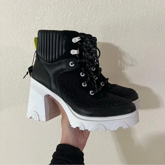 SOREL Brex Leather &amp; Faux Shearling Block Heel Lace-Up Bootie in black NEW 8