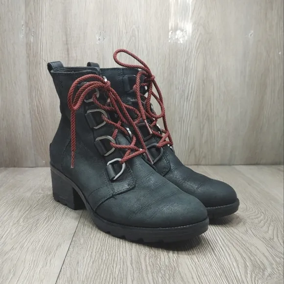 SOREL Cate Lace Booties Black Leather Waterproof  D-ring Rain LL5361-010 US 8