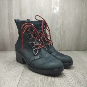 SOREL Cate Lace Booties Black Leather Waterproof  D-ring Rain LL5361-010 US 8