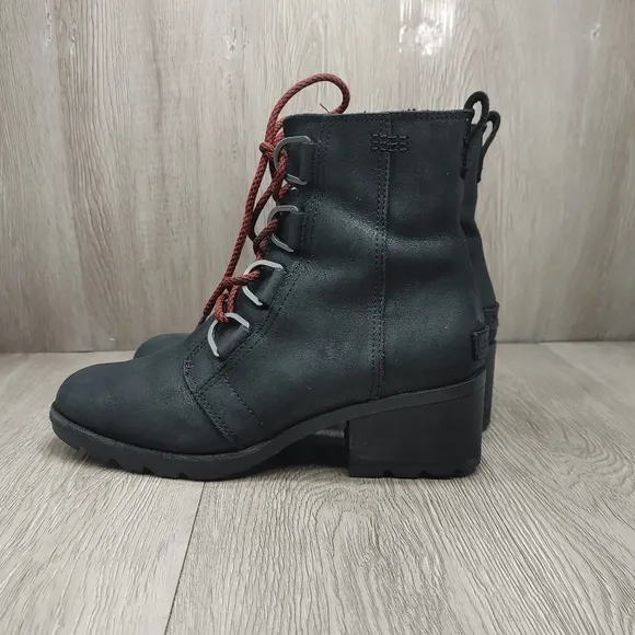 SOREL Cate Lace Booties Black Leather Waterproof  D-ring Rain LL5361-010 US 8