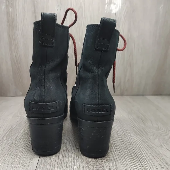 SOREL Cate Lace Booties Black Leather Waterproof  D-ring Rain LL5361-010 US 8