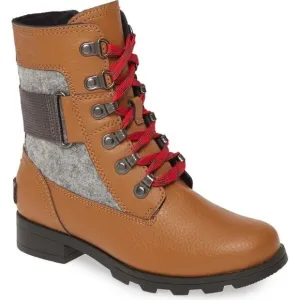Sorel Emelie Conquest Waterproof Moto Lace Up Boot Brown Leather Wool Girls 5