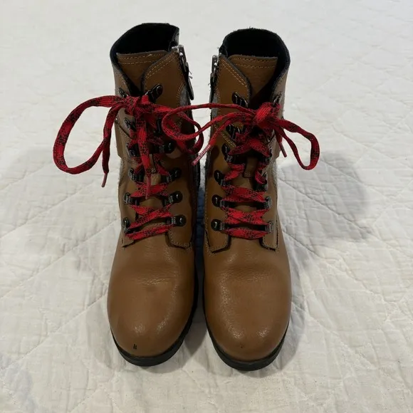 Sorel Emelie Conquest Waterproof Moto Lace Up Boot Brown Leather Wool Girls 5