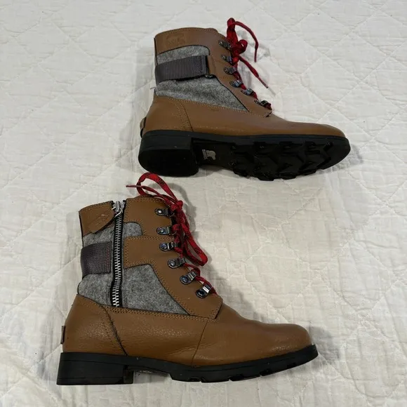 Sorel Emelie Conquest Waterproof Moto Lace Up Boot Brown Leather Wool Girls 5