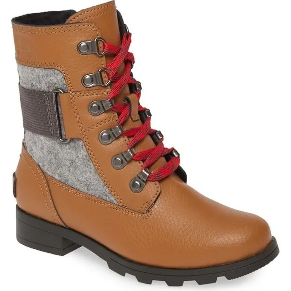 Sorel Emelie Conquest Waterproof Moto Lace Up Boot Brown Leather Wool Girls 5